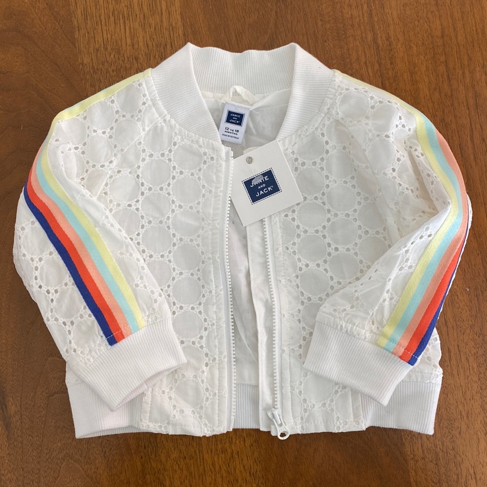 Janie and Jack Eyelet Zip Up Bomber Jacket with Rainbow Panel